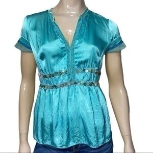Karen Millen England Size 6 Turquoise Deep Neck Button Waist Top Blouse